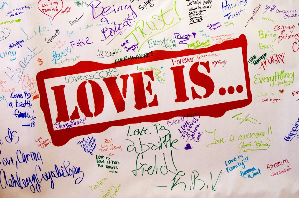 Student inscriptions filled the “Love is…” banner on Valentine’s Day.