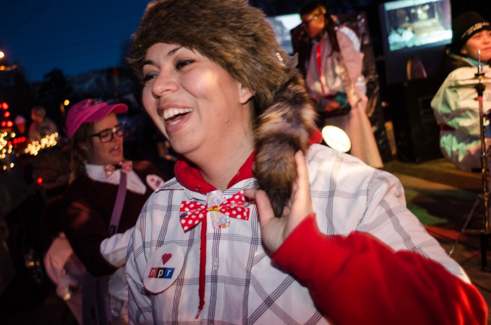 Southern Ute tribal member Sheila Nanaeto sports a bowtie and coonskin hat for Snowdown.
