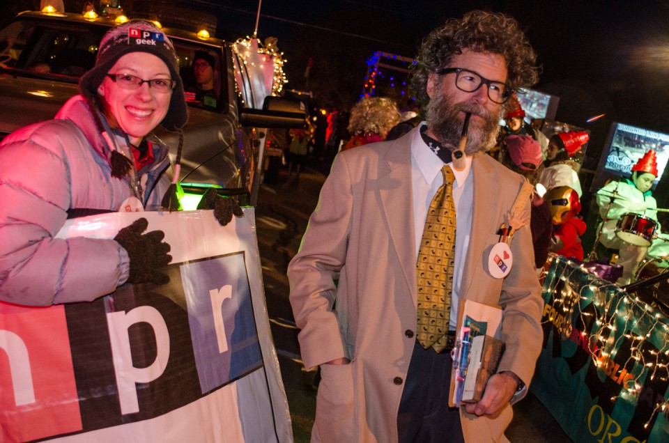 Sporting geek attire and NPR paraphernalia, KSUT staffers Rachel Shockley and Jim Belcher rejoiced in the Snowdown spirit.