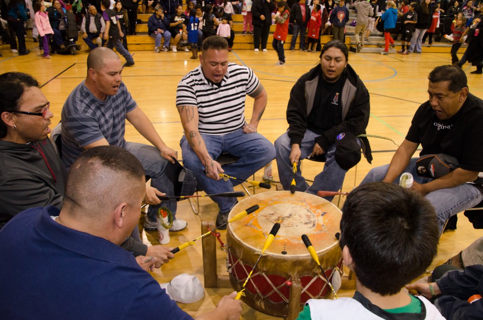 Ignacio drum group Yellow Jacket performs traditional songs for the opening and closing of the evening ceremonies.