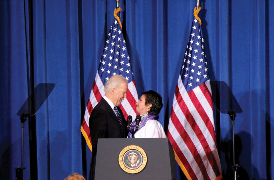 Southern Ute tribal member Diane Millich greets Vice President Joe Biden.