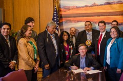 Ute leaders and members of the Colorado Commission of Indian Affairs joined state legislators in Colorado Gov. John Hickenlooper’s office for the signing of HB 13-1198. The signing, which took place on Friday, March 22, coincided with the Denver March Powwow.
