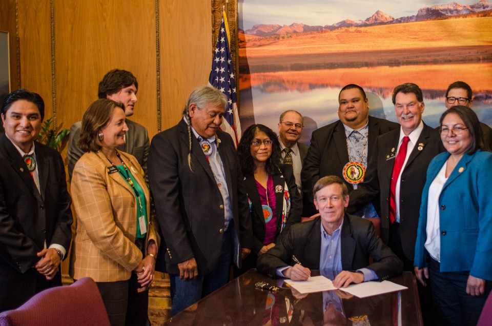 Ute leaders and members of the Colorado Commission of Indian Affairs joined state legislators in Colorado Gov. John Hickenlooper’s office for the signing of HB 13-1198