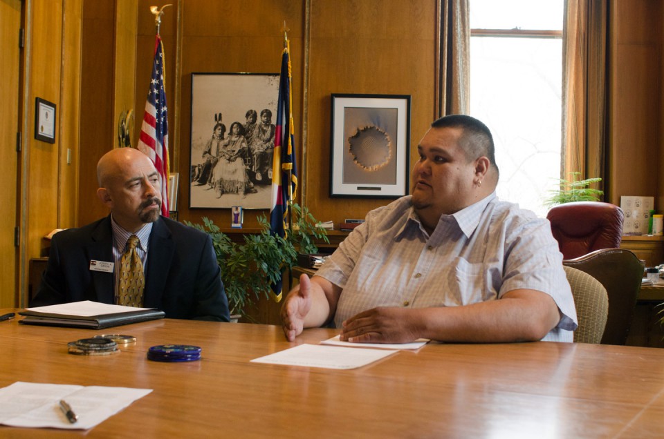 Southern Ute Chairman Jimmy R. Newton Jr. addresses the tribe’s concerns before Lt. Gov. Joseph Garcia (left) and Gov. John Hickenlooper (not pictured)
