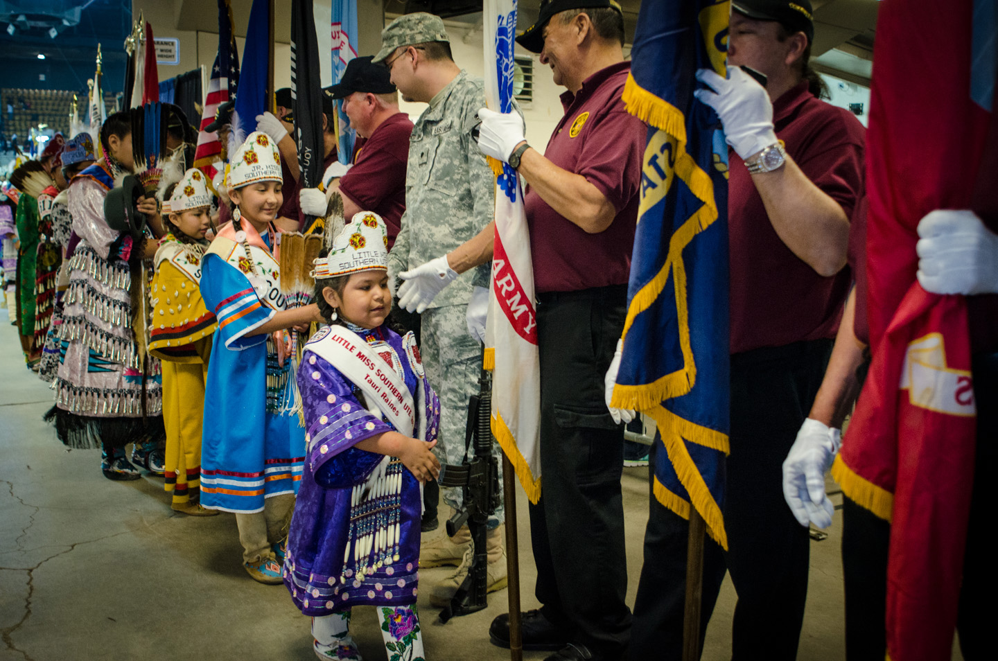 Southern Ute Royalty members pay their respects to veterans of the U.S. Armed Forces following a grand entry on Saturday, March 23 that filled the Denver Coliseum as part of the 39th annual Denver March Powwow.