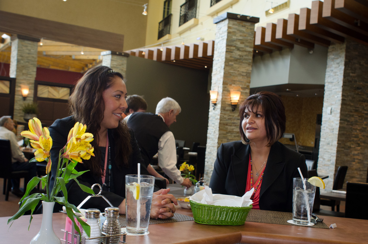 Krista Red and Lori Todacheene (left) share conversation and a bite to eat in the newly opened Willows Café & Bistro at the Sky Ute Casino Resort on Wednesday, April 17.