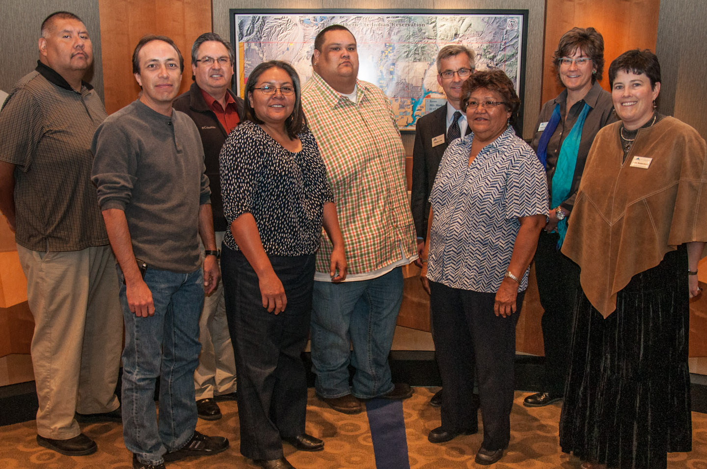 Members of the Southern Ute Indian Tribal Council and La Plata County Board of County Commissioners (left to right): Councilman Alex Cloud, Councilman Aaron V. Torres, Vice Chairman James M. Olguin, Council Lady Pathimi Goodtracks, Chairman Jimmy R. Newton Jr., Commissioner Bobby Lieb Jr., Council Lady Ramona Y. Eagle, Commissioner Gwen Lachelt and Commissioner Julie Westendorff.