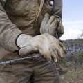 Thumbnail image of Gloved hands twist wire while constructing the fencing project.