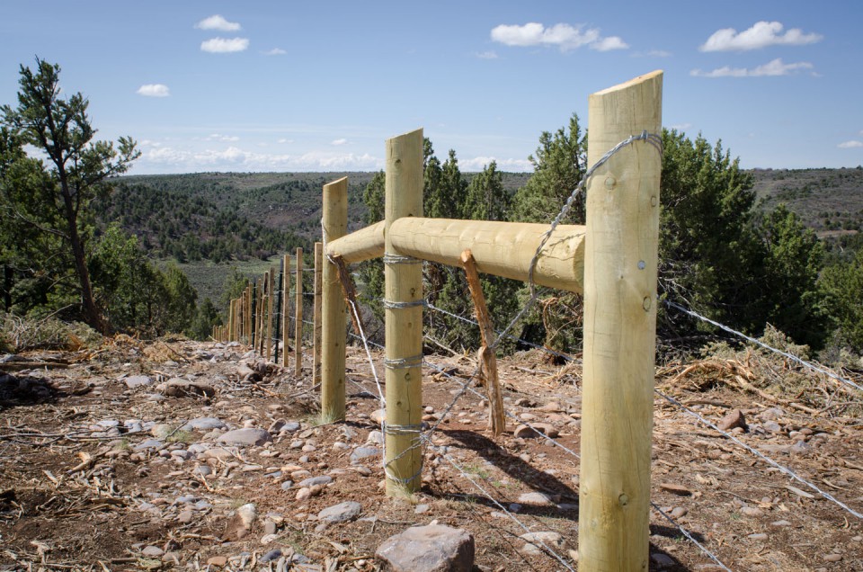 The new fenceline cuts a more direct line through rocky, forested areas. Reinforced sections will help to deter livestock. The project is scheduled for completion by the end of June.