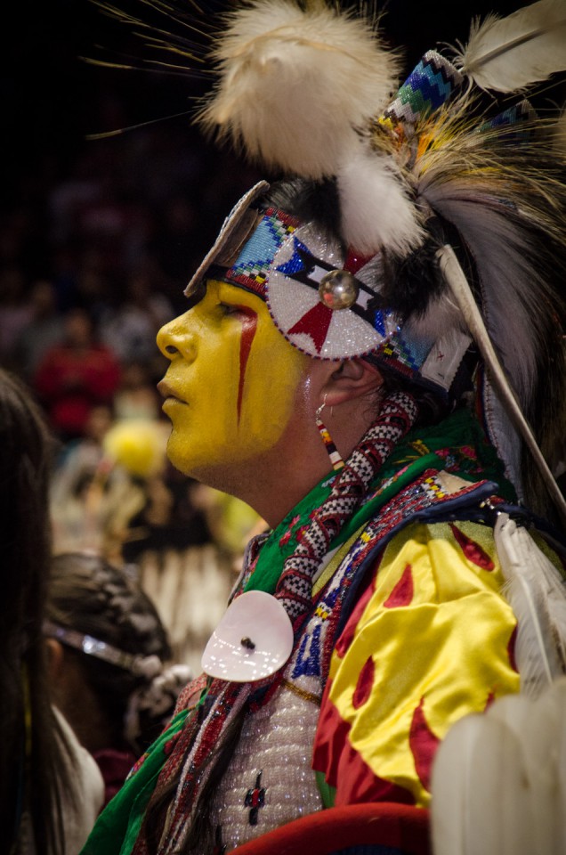 Dancers use face paint to add color and symbolism to their regalia.