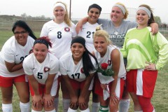 The Ignacio girls' soccer roster will have plenty of spaces to fill in 2014 with the loss of the Class of '13. Standing (left to right) after their April 30 Senior Day match at home: Mary Kate Adams, Breana Talamante-Benavidez, Aly Troup and Nicole Williams.  Crouching: ShaRay Rock, Angel Paul, Destinee Lucero and Kayla Knipp.
