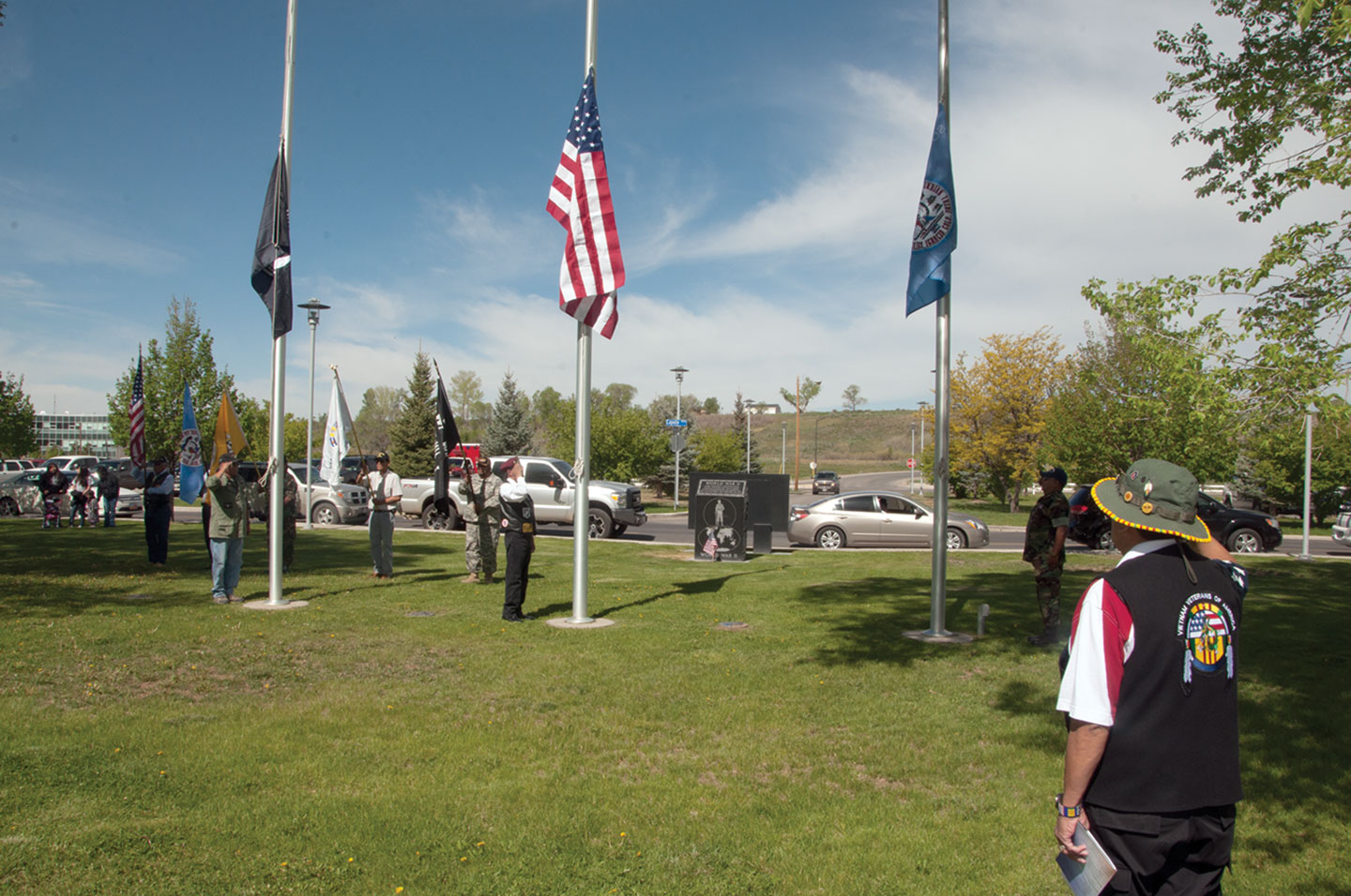 The U.S. flag, Southern Ute Tribal flag and the MIA/POW flags were lowered