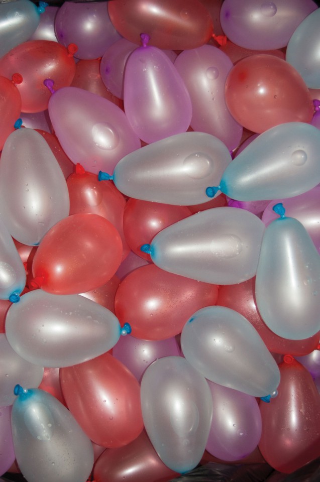 Colors of red, blue and purple, were among 1,500 water balloons