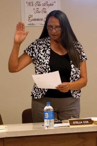 Southern Ute Indian Tribe employee Stella Cox took an oath of office on Tuesday, June 11 to serve as mayor of the Town of Ignacio. Cox, a clerk with the Tribal Court, had served previously as mayor pro-tem. She won the job in a special election and replaces Ena Millich, who resigned in February, and will serve until April 1, 2014.