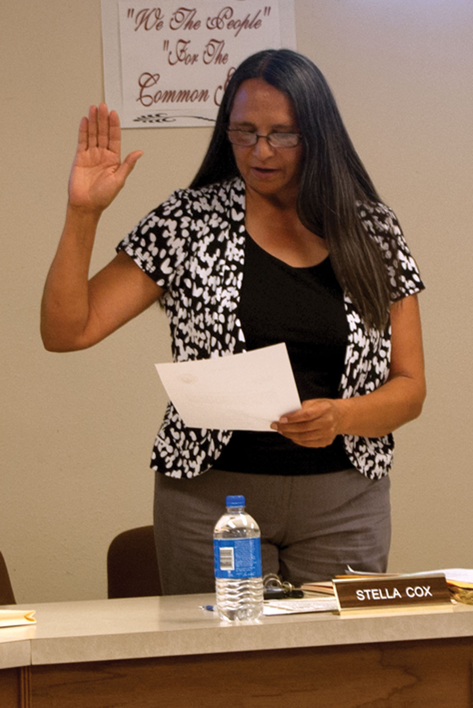 Southern Ute Indian Tribe employee Stella Cox took an oath of office on Tuesday, June 11 to serve as mayor of the Town of Ignacio. Cox, a clerk with the Tribal Court, had served previously as mayor pro-tem. She won the job in a special election and replaces Ena Millich, who resigned in February, and will serve until April 1, 2014.