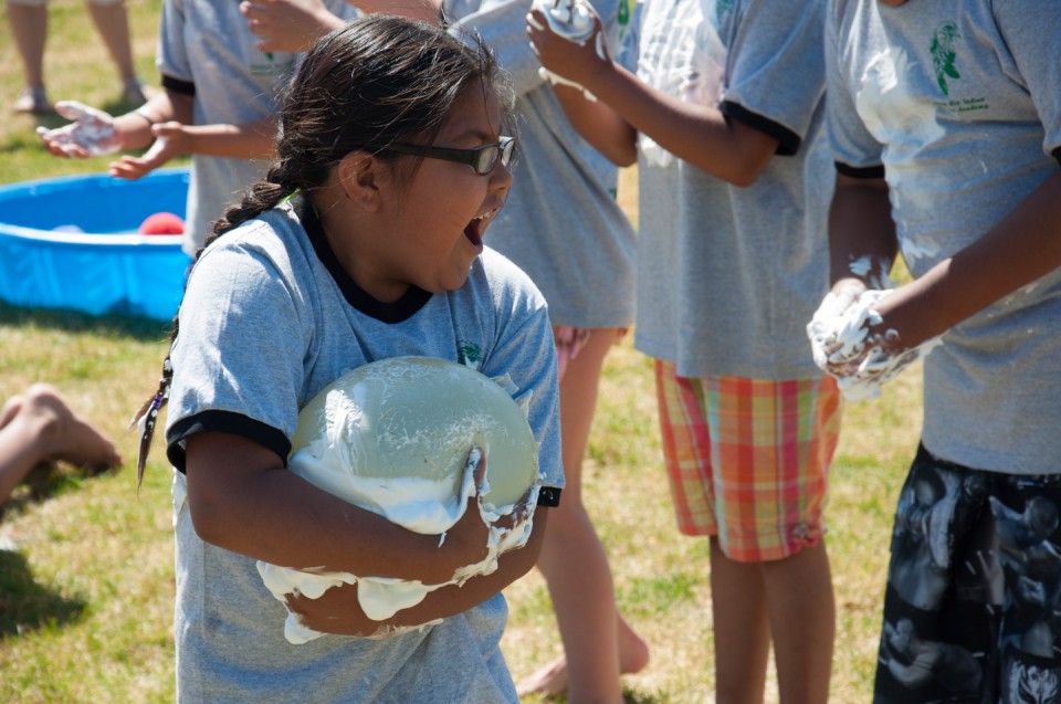 One particularly challenging race involved students handing a balloon covered in shaving cream to each other.
