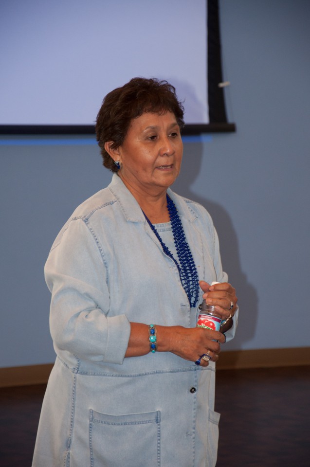 Southern Ute elder Lynda Grove-D’Wolf demonstrated her Ute language teaching CDs before a crowd at the Multi-purpose Facility on Thursday, May 23.