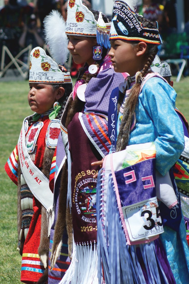 Little Miss Southern Ute Alternate Tauri Raines, Jr. Miss Southern Ute Jazmin Carmenoros and Northern Colorado Intertribal Powwow Association Princess Avaleena Nanaeto proudly wear their regalia.