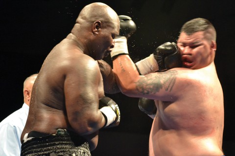 James Toney drops in a crushing punch against Kenny Lemos during the main event of "Rumble in the Rockies II," June 28 at the Sky Ute Casino Resort Events Center.