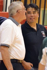 Now head coach of the Lady Bobcats, Shane Seibel – then just a spectator – chats with Ridgway's Steve Hill, one of Colorado's winningest coaches ever, prior to the teams' meeting inside IHS Gymnasium last season.