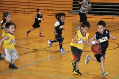 The Lakers run and gun against the Pacers in opening night action of the SunUte Community Center’s youth basketball 2014 season Monday evening, Feb. 3 in the SunUte gym. Parents, family  members and friends cheered on the four- and five-year-olds. 