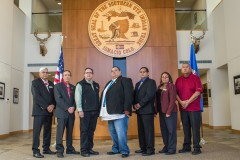 Southern Ute Tribal Council 2013-2014 (left to right): Howard D. Richards Sr., Aaron Torres, Acting Chairman James M. Olguin, the late Chairman Jimmy R.  Newton Jr., Melvin Baker, Pathimi GoodTracks and Alex Cloud.