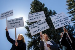 Judy Lansing, Linda Mahlum, and Tamera Reynolds protest outside the steps of the Southern Ute Career Action Program (SUCAP) on Thursday, March 5 after criticizing the organization for wrongful termination and civil rights violations. SUCAP responded by stating their decisions were rational and met company policies. 