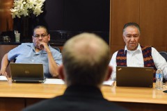 Southern Ute Chairman Clement J. Frost (right) and Melvin J. Baker talk with Martin Hestmark, Assistant Regional Administrator for the EPA, about the updates regarding EPA’s response to the Gold King Mine spill. 