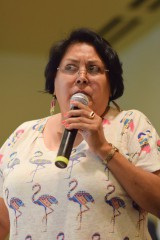 Tribal member, Renee Tree addresses her concerns regarding the shale oil and gas development project during a community meeting held on Tuesday, March 15 at the Sky Ute Casino Resort. 