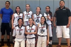 The Shootings Stars basketball team took 2nd place in the girls 7th grade division of the 2016 Southwest Cactus Slam in Phoenix, AZ March 26 – 27. Pictured (left to right) top row:  Coach Anthony Manzanares, Ebonee Gomez, Shelcie Gosney, Jayden Bruson, Avaleena Nanaeto and Coach Adam Tucson. Bottom row: Monika Lucero, Laci Brunson, and Charlize Valdez.