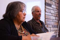 Tom Givon (right) and Pearl Casias introduce the Ute Dictionary at the Ignacio Public Library. 