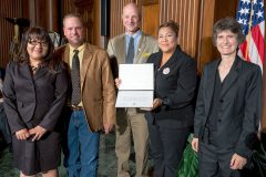 Southern Ute Indian Tribe representatives accept the 2016 EPA Clean Excellence Award in Washington, D.C. on Tuesday, June 28. Left to right: Marlene Scott-Jewett/Air Quality Analyst, Mark Hutson/Air Quality Program Manager, Tom Johnson/EPD Division Head, Michelle Taylor-Cruz/ SUIT Executive Officer, Janet McCabe/ EPA Acting Administrator, Office of Air and Radiation.