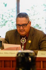  Southern Ute Treasurer, James M. Olguin reads a prepared statement during the House of Natural Resources Committee field hearing Tuesday, Oct. 4 in Santa Fe, N.M.