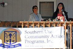 Southern Ute Tribal Council Vice Chairwoman Lorelei Cloud welcomes all in attendance at Southern Ute Community Action Programs (SUCAP) 50th Anniversary block party held on Friday, Oct. 7. Ignacio mayor Stella Cox (background) also welcomed everyone to the celebration. Food, drinks, a photo booth and auctions were only some of the ways SUCAP celebrated.
