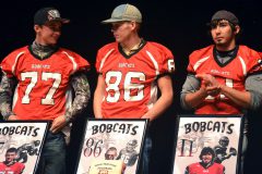 Ignacio Football seniors Dalton Labarthe (77) and Timmy Plehinger-Williams (86) share a quick comment on a coach’s comment, as senior Zach Weinreich (11) applauds near the end of the Bobcats’ end-of-season banquet/ceremony Thursday, Nov. 17. Labarthe was named Second Team All-SPC in 2016 while Plehinger-Williams and Weinreich were named First Team. All seniors received – if possible – their jersey from the 2015 season, as well as a framed commemorative photo layout.
