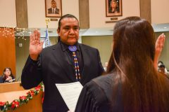 Chief Judge Chantel Cloud swears in tribal member Kevin Frost as Southern Ute Councilman on Monday, Dec. 19. 