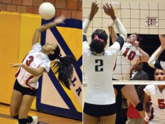 Former Volleycat Chrystianne Valdez (3) jump-serves (left) on the road at Nucla during the 2013 season. More recently, she spent 2016 learning NCAA Division II ropes as Fort Lewis College reserve under head coach Kelley Rifilato – still the University of Idaho’s career service-ace leader. Former Volleycat Angela Herrera (10) attacks (right) against 3A Pagosa Springs inside IHS Gymnasium late in the 2013 season.  More recently, but after a year spent adjusting to the collegiate game, Herrera saw action in 2016 as a redshirt-freshman at NCAA Division II New Mexico Highlands University.