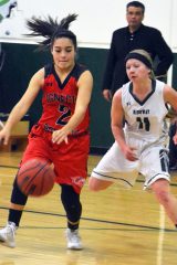 Ignacio's Kiana Valdez (2) quickly re-gains her dribble before Ridgway's Ara Norwood (11) can creep up to make the steal during SJBL road action Friday, Jan. 27.
