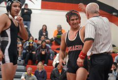 Ignacio's Lorenzo Pena grins at the referee's comments after Pena defeated Monticello, Utah's Paul DeAnda, left, 4-2 to win the 160-pound division at the 2017 Butch Melton Invitational (Sat., Jan. 28) inside IHS Gymnasium.  Pena went 4-0 at the meet with two pins, and was chosen for the Outstanding Wrestler (Upper Weights) Award.