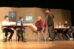Mr. Thorne, played by Lakota TwoCrow, speaks with the students at his school at the play “The Mystery at Mr. Thorne’s School for Troubled Teens”, which was written and performed by the Drama Students of Ignacio High School on Monday, Jan. 30 in the high school auditorium. 
