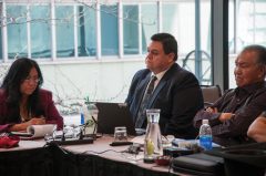 Southern Ute Councilman Adam Red (center), sits along side Southern Ute Chairman Clement J. Frost and Councilwoman Juanita Plentyholes of the Ute Mountain Ute Tribe during the Tri Ute meeting hosted in Denver, Colo. at the Grand Hyatt, on Thursday, March 23. 
