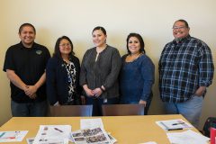 Jicarilla Chieftain staffers met with The Southern Ute Drum during a visit to the newspaper on Tuesday, March 7. (left to right) Jicarilla Chieftain Managing Editor Michael Salazar, Jicarilla Chieftain Editor Claudette Torivio, The Southern Ute Drum Media Manager Sacha Smith, PR Coordinator Trennie Collins, and Composition Tech Robert Ortiz. 