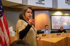 Southern Ute tribal elder Arlene Millich voices her concerns during a special meeting with Tribal council following the certification of the Referendum Election votes on Friday, may. 5 in Ignacio, Colo. 