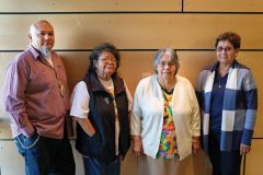 Culture Department Director Edward Box III stands alongside Southern Ute tribal elders involved with creating materials to be used for future Ute language classes under the culture department, left to right, Ute elders Dorothy Lee Wing, Pearl Casias, and Lynda Grove-D’Wolf at the Southern Ute Museum on Tuesday, April 25. 