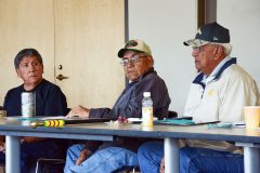Southern Ute Veterans, Roderick Grove and Tim Watts listen to Southern Ute Veterans Association Commander Howard Richards Sr. express his personal thoughts on the proposed National Native American Veterans Memorial to be built in Washington, D.C. 