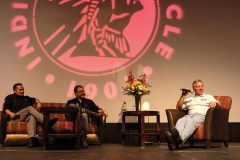 Jeff Grigsby (Far Right) of Indian Motor Works, sits alongside Chris Matthieu and Mike Gaillour during the Indian Motorcycle History Panel at the Sky Ute Casino and Resort on Wednesday, June 14. 
