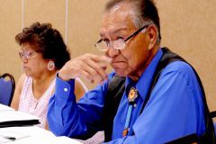 Southern Ute Executive Officer, Ramona Eagle, and Chairman Clement J. Frost listen to Ute Mountain Ute leadership explain needs from their tribal membership living on other Ute reservations. 