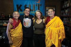Monks from the Gaden Shartse Monastery of Tibet stand together with Tribal Radio Program Director, Mike Santistevan and KSUT Executive Director, Tami Graham on Friday, July 12.
