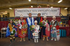 2017-2018 Southern Ute Royalty take a photo with Chairman Clement J. Frost and Andrew Frost following Grand Entry, Friday, Sept. 8.