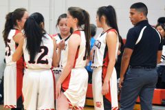 Taking the reins from father, Shane Seibel as Ignacio's head coach this winter, former Bobcat standout Trae Seibel (right) checks his first starting five – from left, Avionne Gomez, Charlize Valdez, Ebonee Gomez, Larissa Gallegos, Makayla Howell – before the Nov. 30 season-opener versus Dove Creek inside IHS Gymnasium.